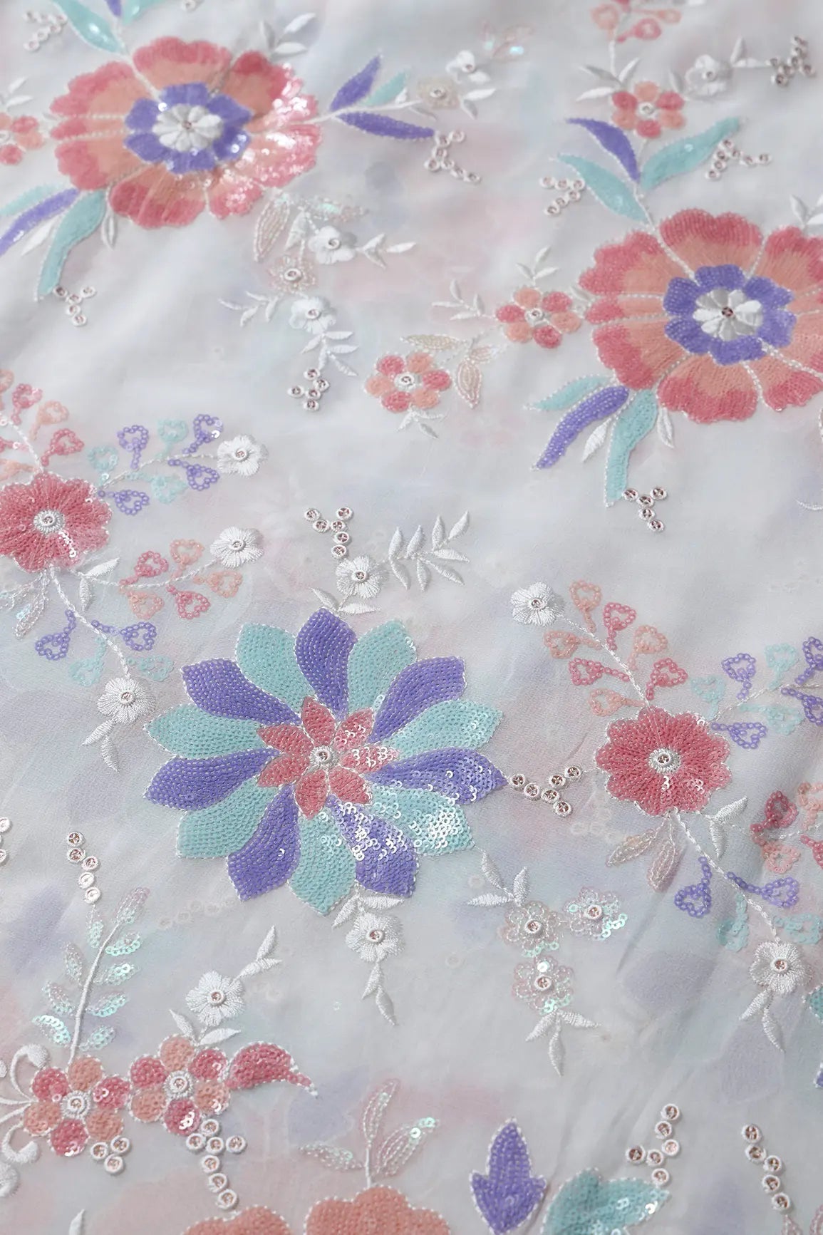 Big Width "56" Multi Sequins Beautiful Floral Embroidery On White Viscose Georgette Fabric - doeraa