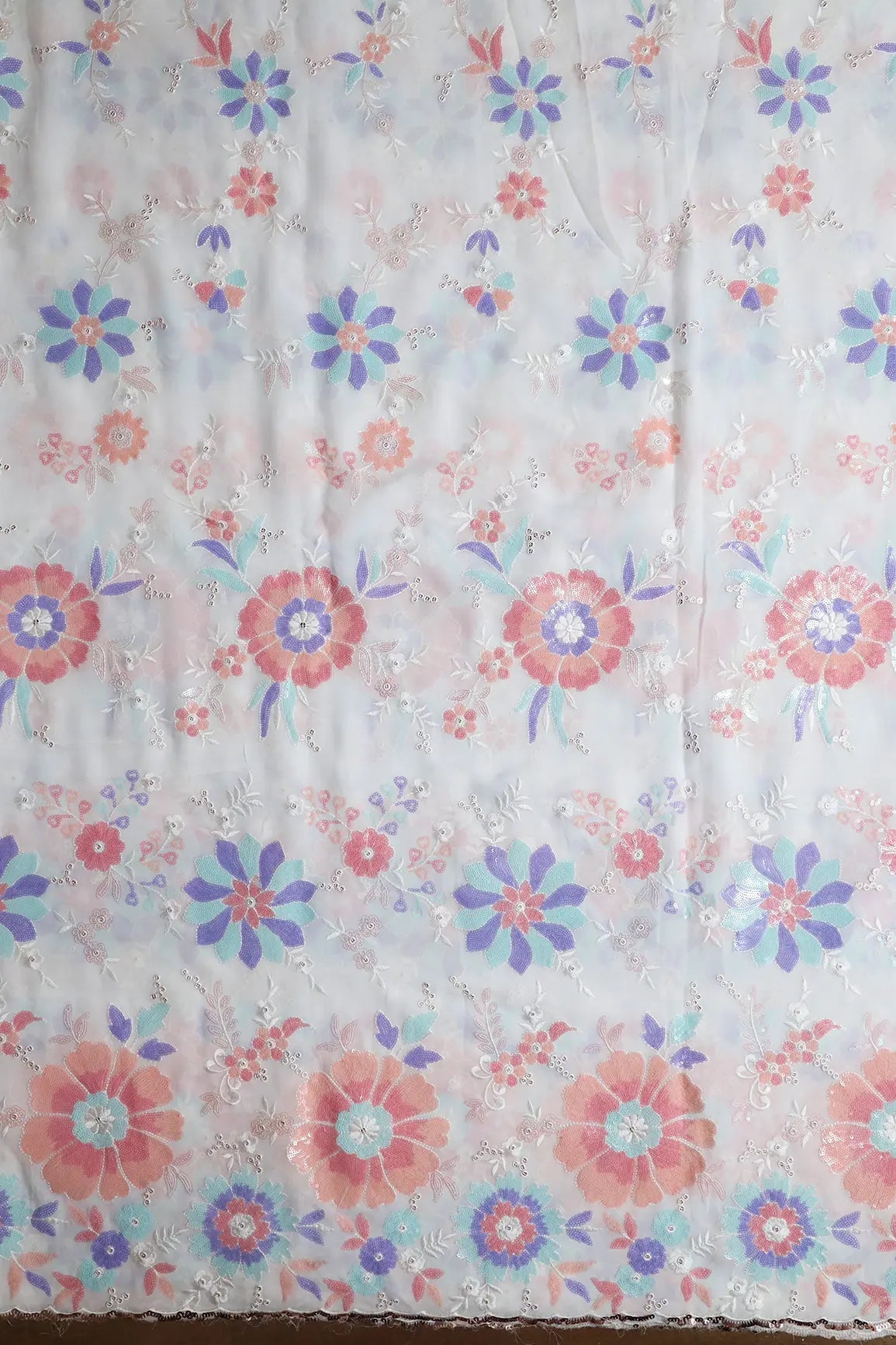 Big Width "56" Multi Sequins Beautiful Floral Embroidery On White Viscose Georgette Fabric - doeraa