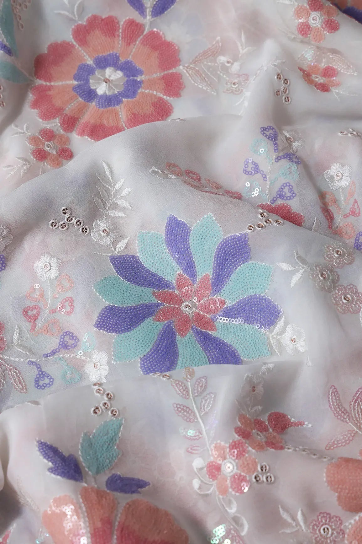 Big Width "56" Multi Sequins Beautiful Floral Embroidery On White Viscose Georgette Fabric - doeraa
