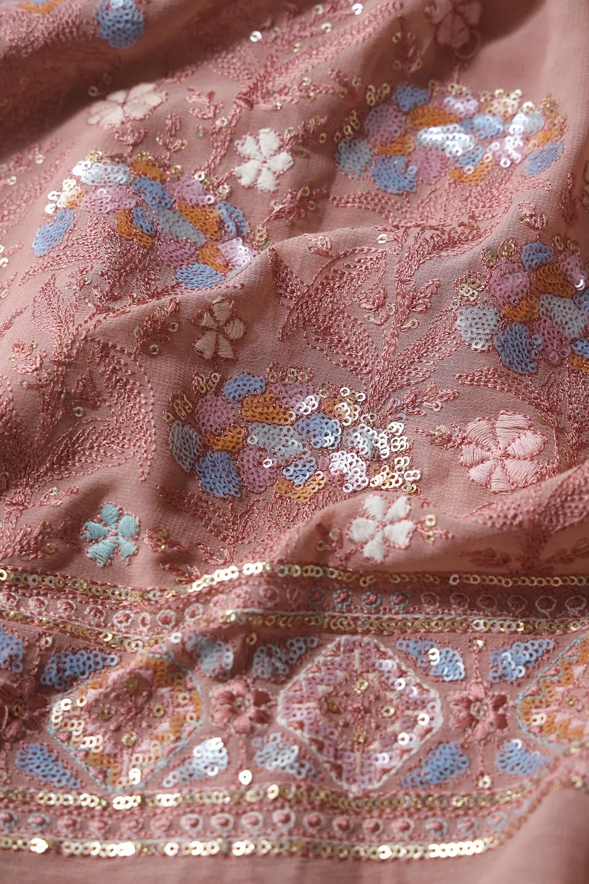 Big Width "56" Multi Sequins Floral Embroidery On Dusty Peach Viscose Georgette Fabric With Border - doeraa
