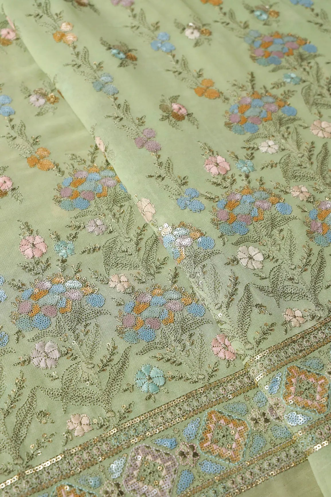 Big Width "56" Multi Sequins Floral Embroidery On Olive Viscose Georgette Fabric With Border - doeraa