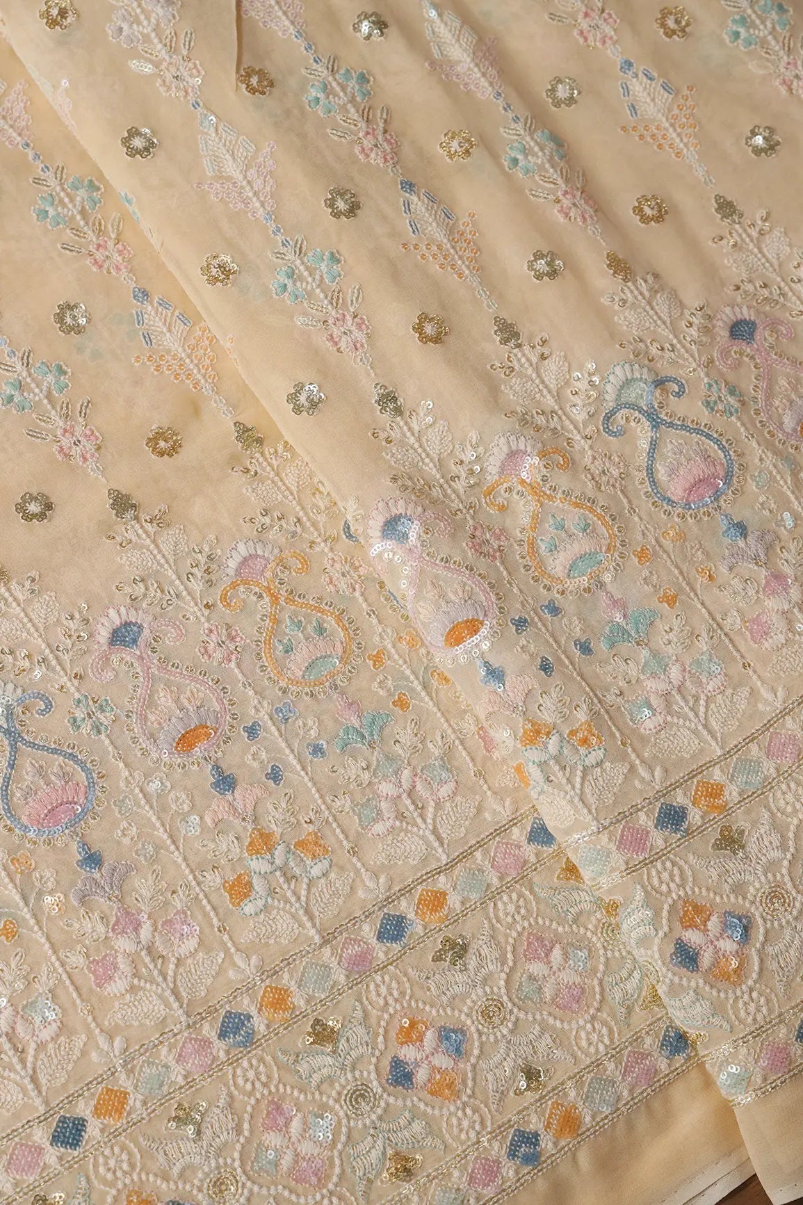 Big Width "56" Multi Sequins With White Thread Traditional Embroidery On Light Beige Viscose Georgette Fabric With Border - doeraa