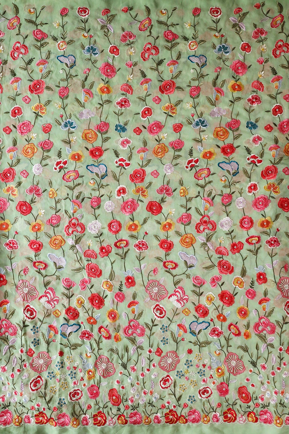 Big Width "56" Multi Thread With Water Sequins Floral Embroidery On Olive Viscose Georgette Fabric - doeraa