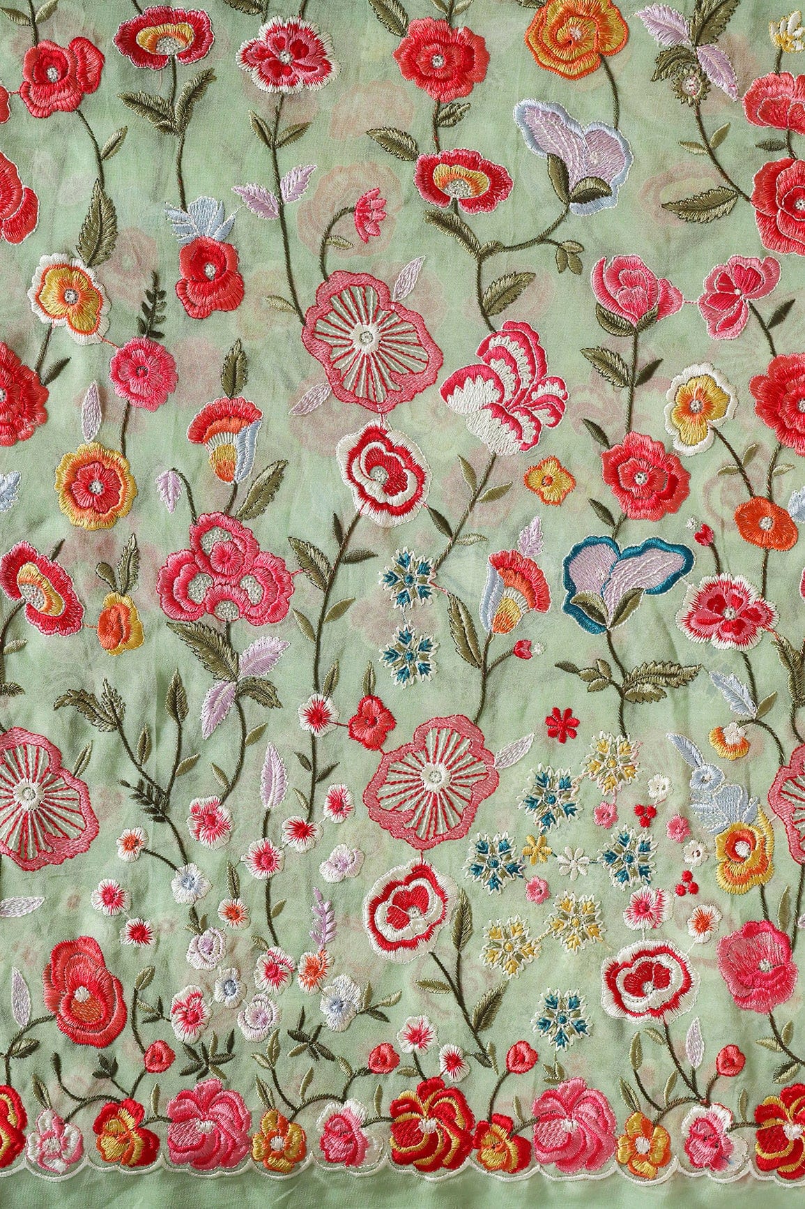 Big Width "56" Multi Thread With Water Sequins Floral Embroidery On Olive Viscose Georgette Fabric - doeraa