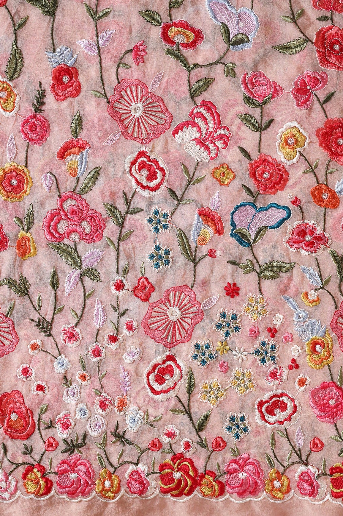 Big Width "56" Multi Thread With Water Sequins Floral Embroidery On Peach Viscose Georgette Fabric - doeraa