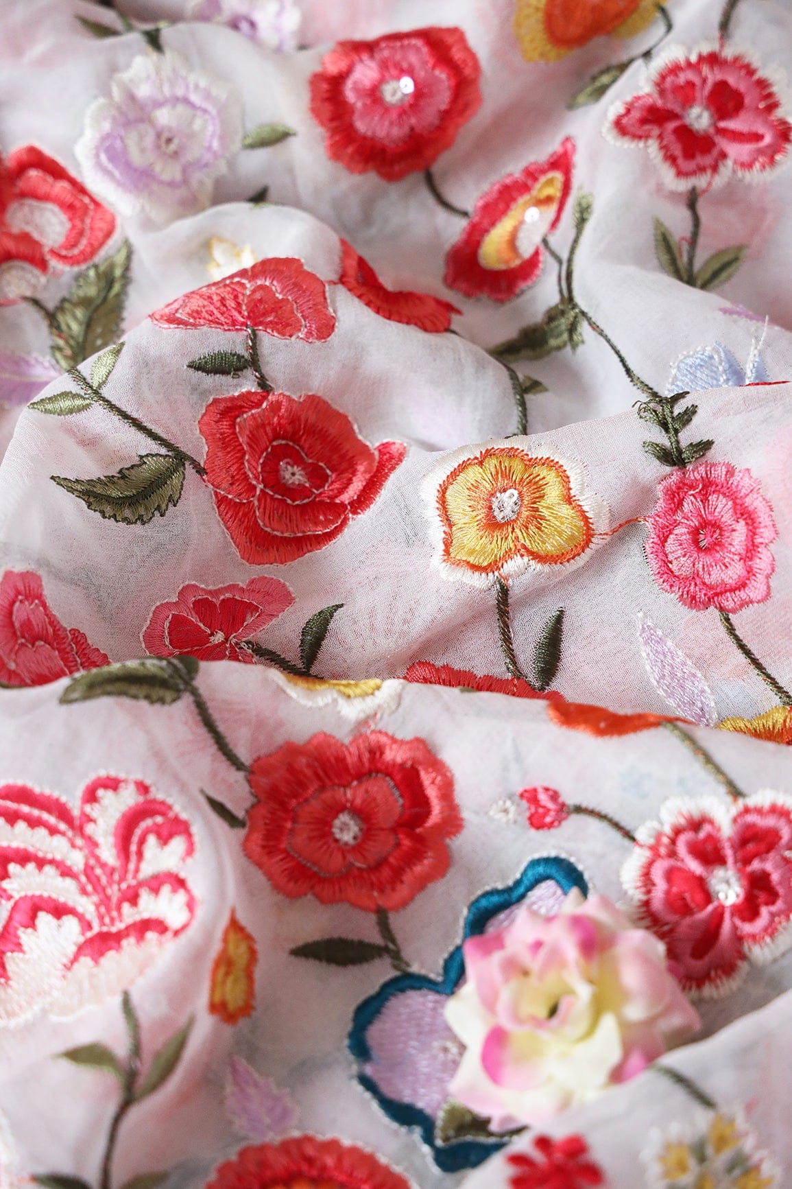 Big Width "56" Multi Thread With Water Sequins Floral Embroidery On White Viscose Georgette Fabric - doeraa