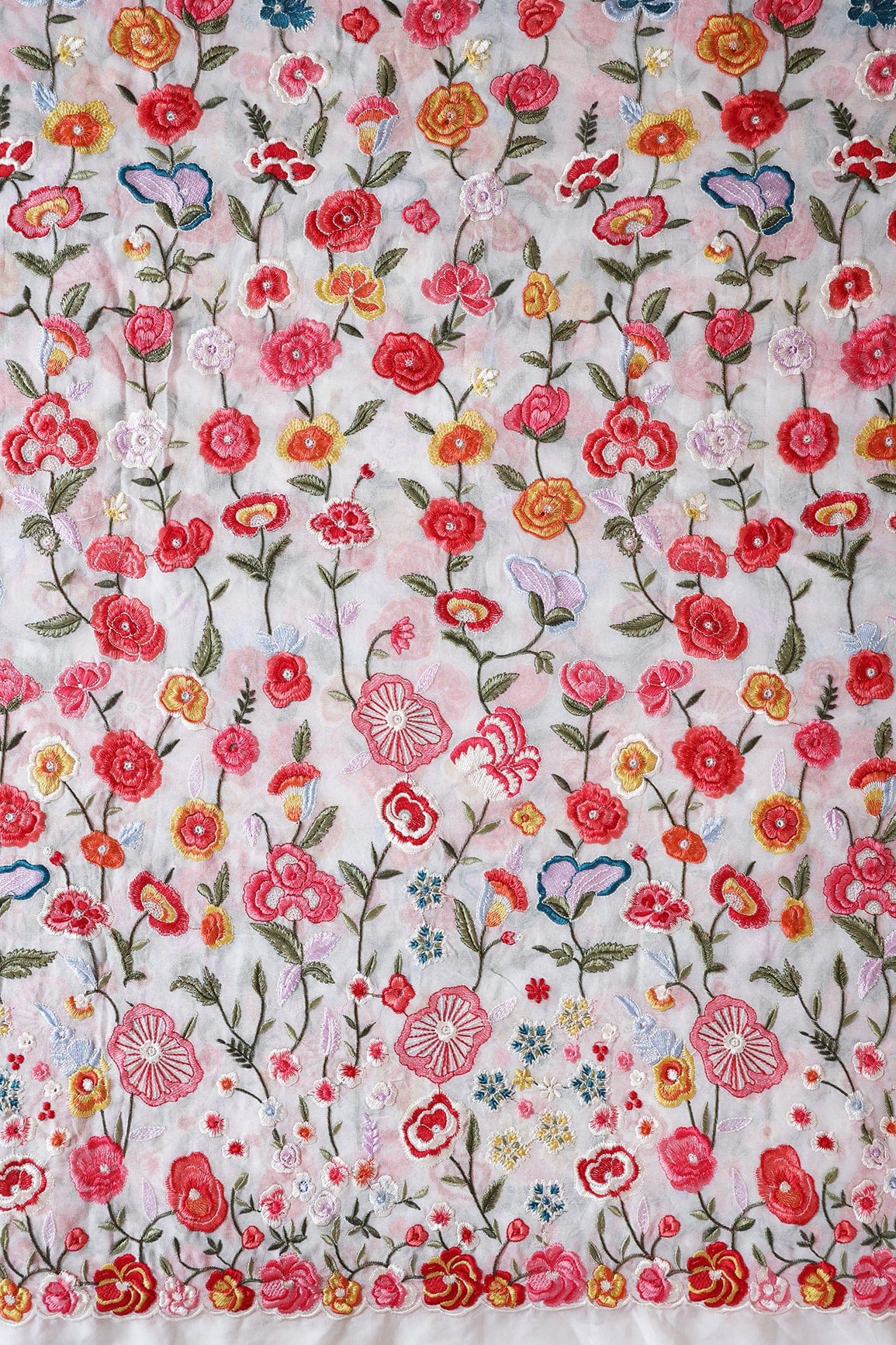 Big Width "56" Multi Thread With Water Sequins Floral Embroidery On White Viscose Georgette Fabric - doeraa