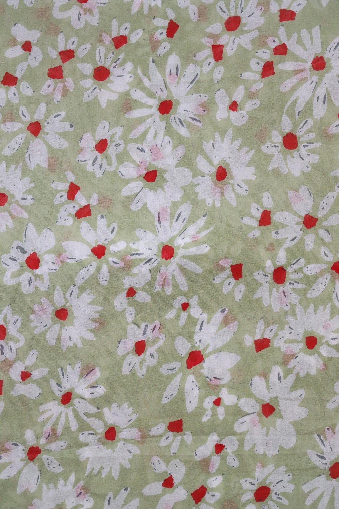 Big Width "56" White And Red Floral Digital Print On Light Olive Georgette Fabric - doeraa
