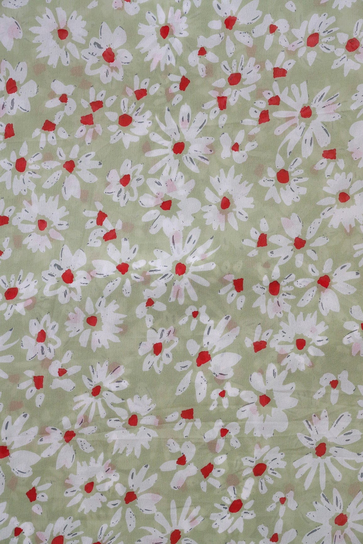 Big Width "56" White And Red Floral Digital Print On Light Olive Georgette Fabric - doeraa