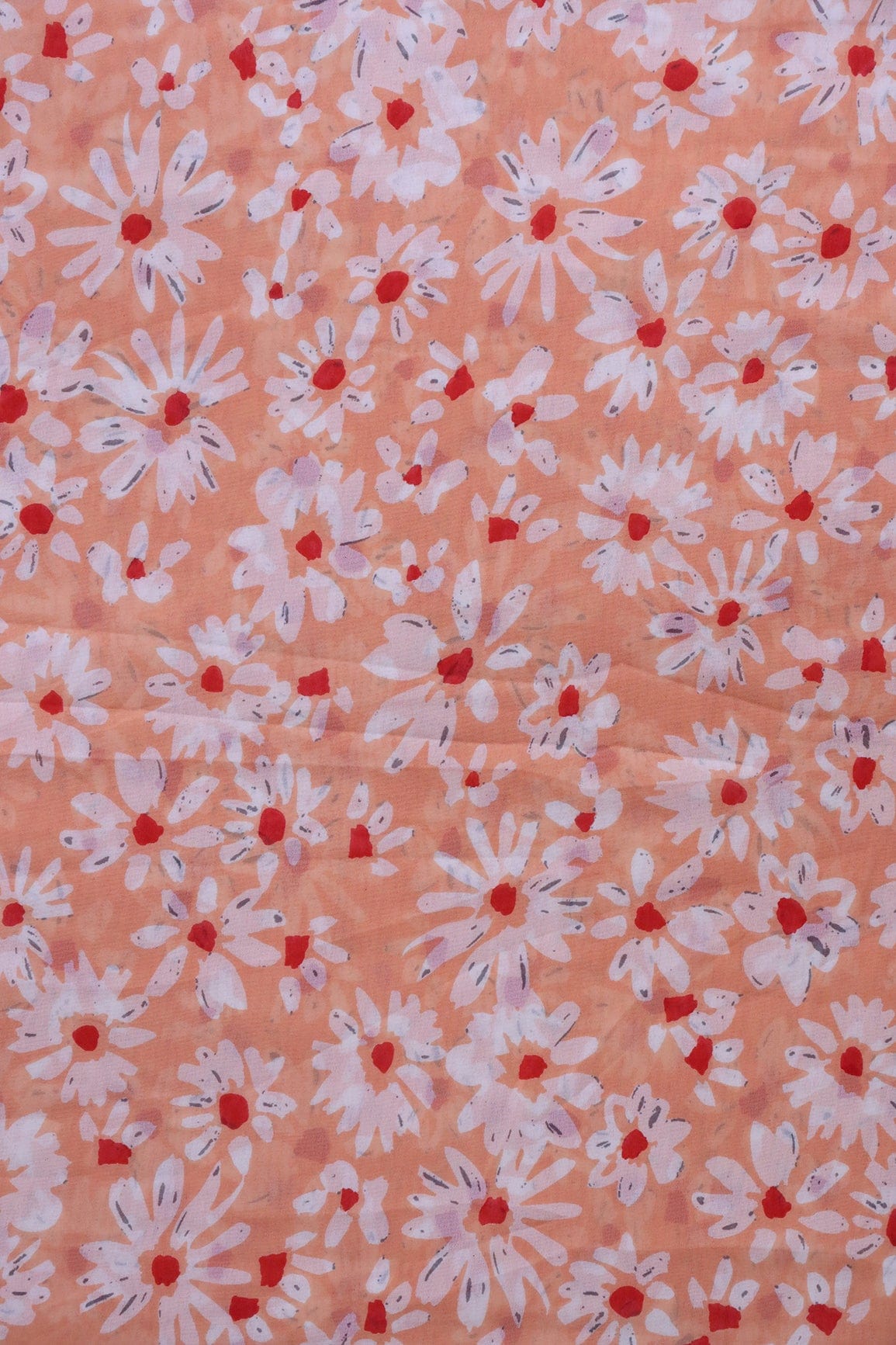 Big Width "56" White And Red Floral Digital Print On Peach Georgette Fabric - doeraa