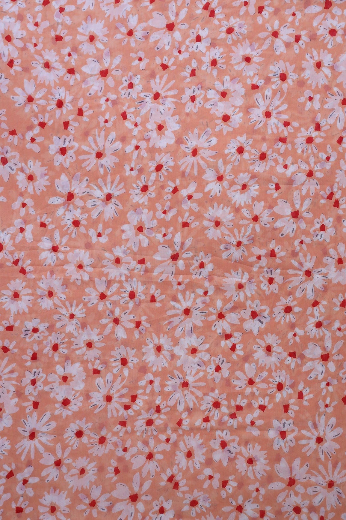 Big Width "56" White And Red Floral Digital Print On Peach Georgette Fabric - doeraa