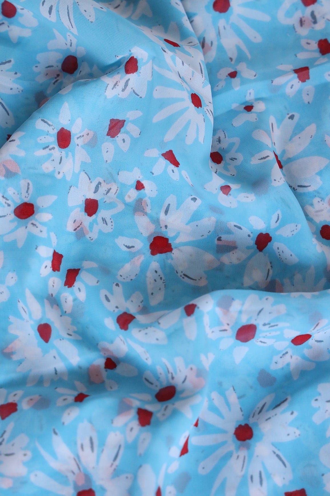 Big Width "56" White And Red Floral Digital Print On Sky Blue Georgette Fabric - doeraa