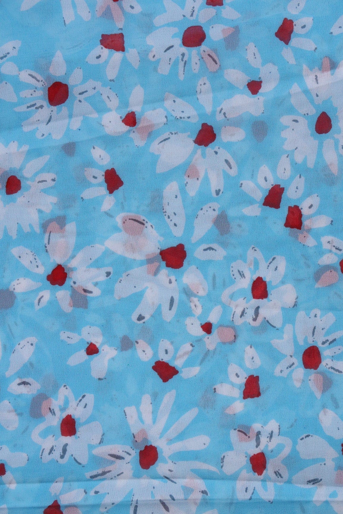 Big Width "56" White And Red Floral Digital Print On Sky Blue Georgette Fabric - doeraa