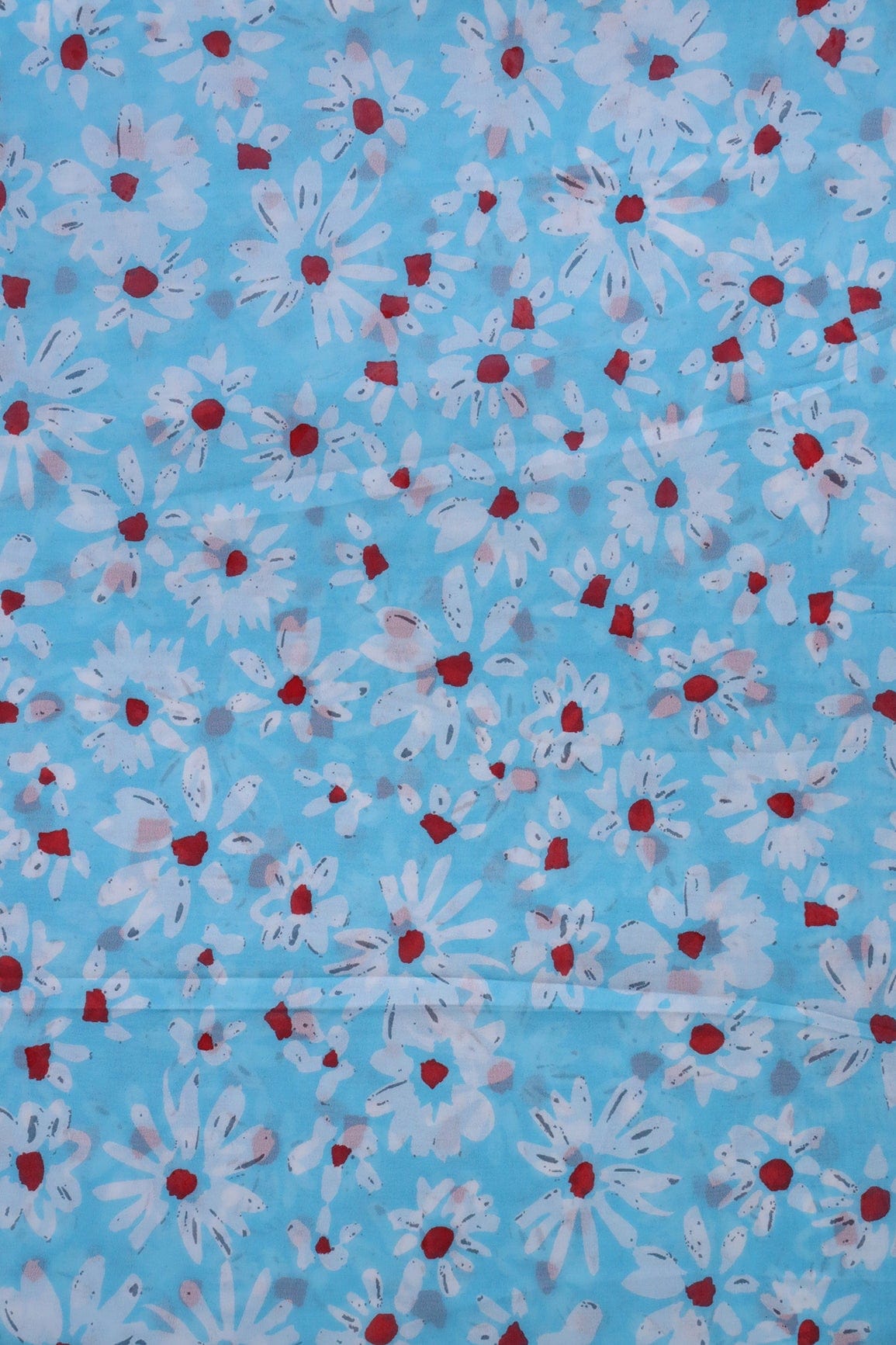 Big Width "56" White And Red Floral Digital Print On Sky Blue Georgette Fabric - doeraa