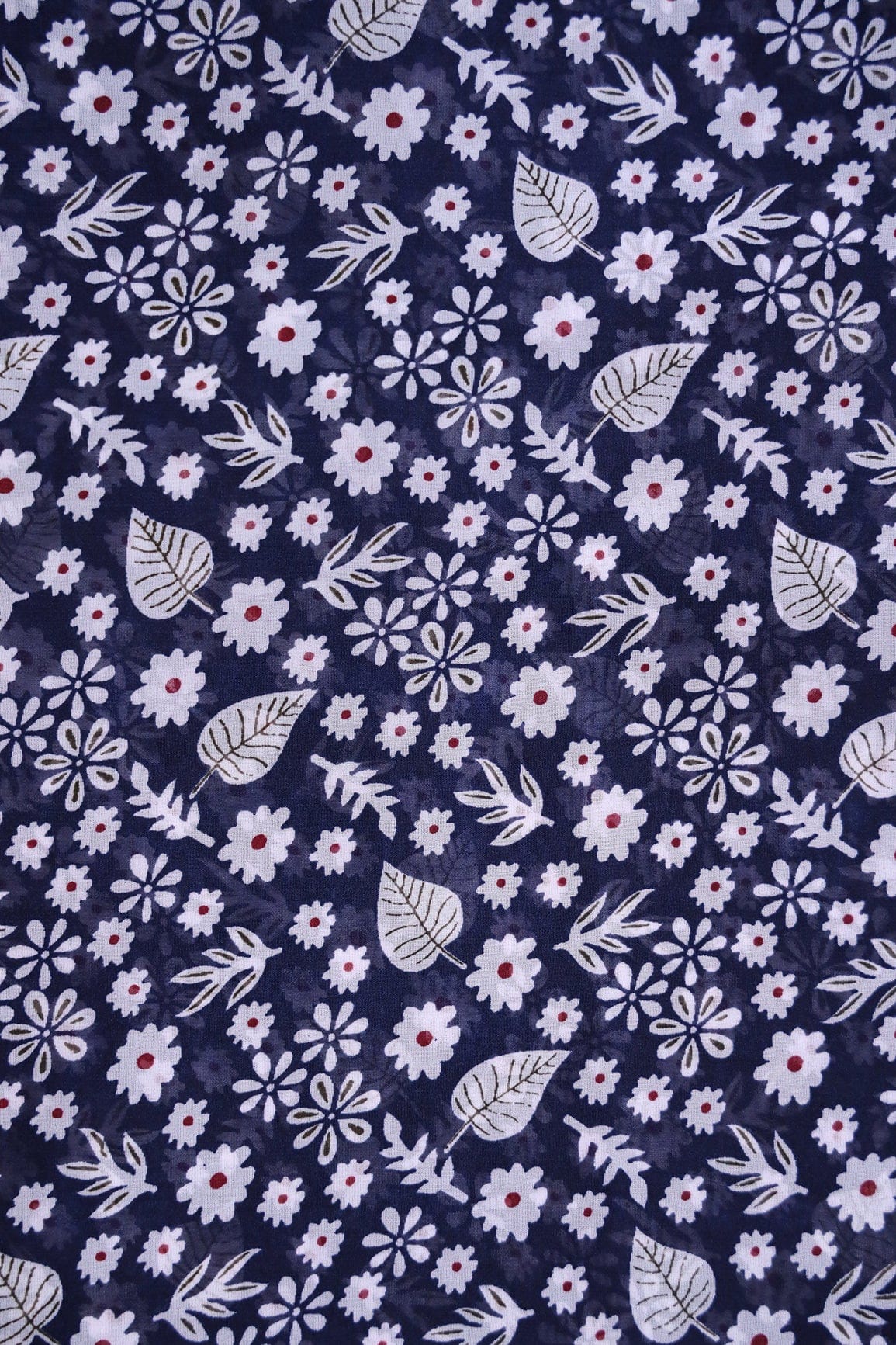 Big Width "56" White Small Floral Digital Print On Navy Blue Georgette Fabric - doeraa