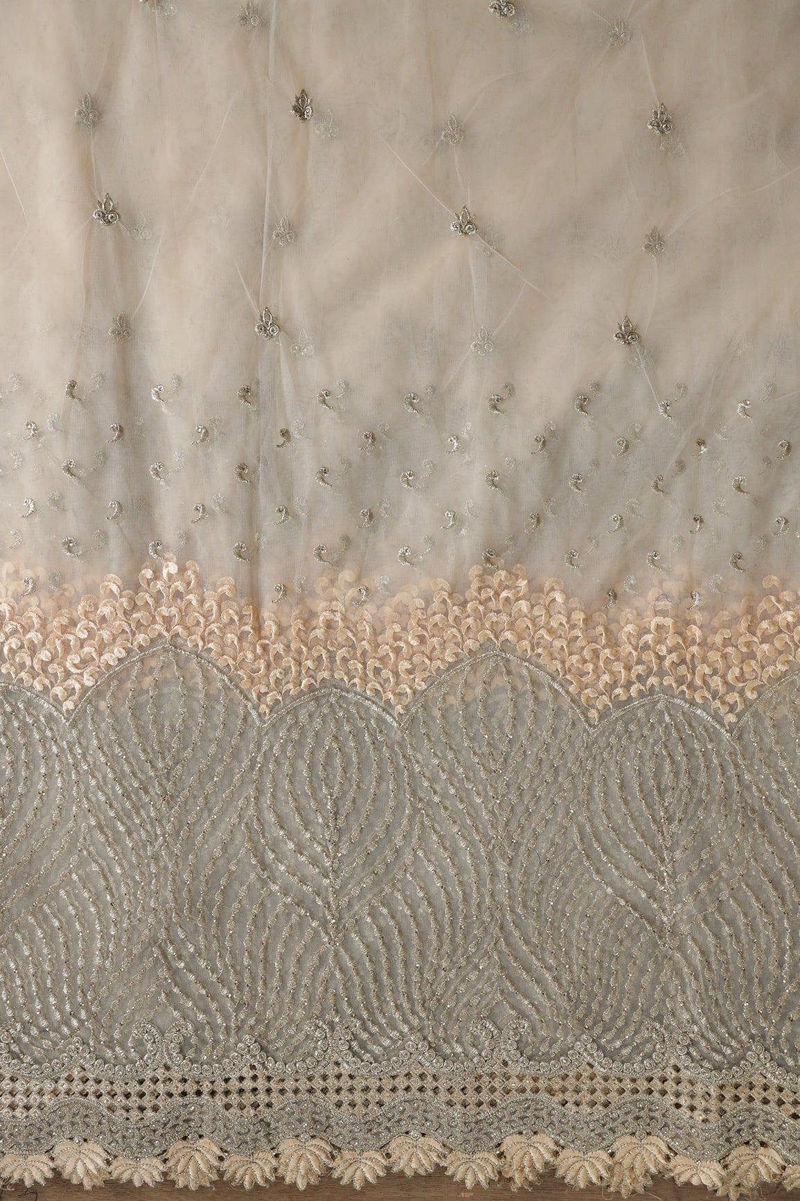 Big Width''56'' Beige Thread With Zari Traditional Embroidery Work On Beige Soft Net Fabric With Border - doeraa