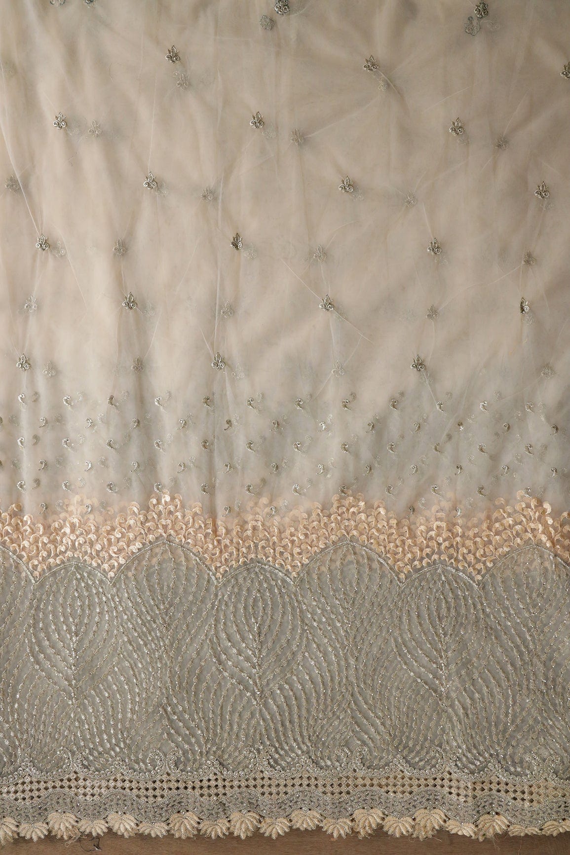 Big Width''56'' Beige Thread With Zari Traditional Embroidery Work On Beige Soft Net Fabric With Border - doeraa