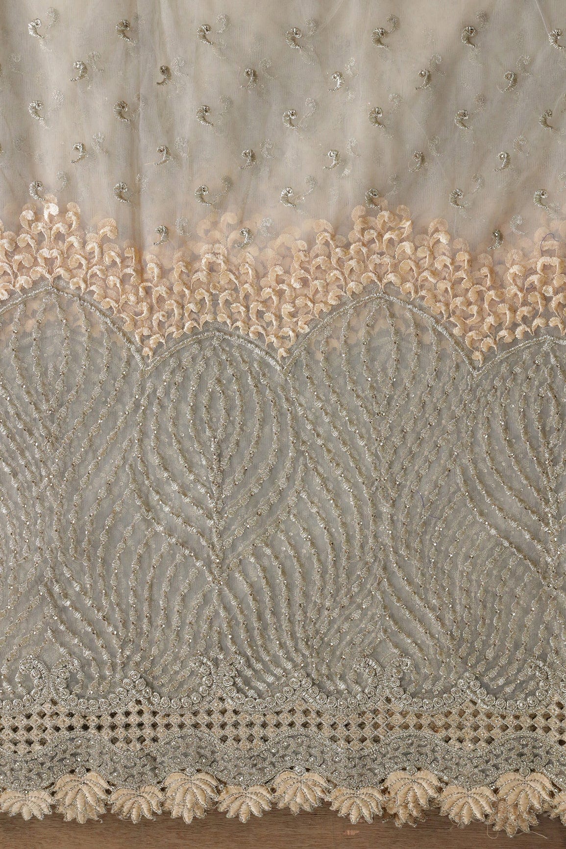 Big Width''56'' Beige Thread With Zari Traditional Embroidery Work On Beige Soft Net Fabric With Border - doeraa