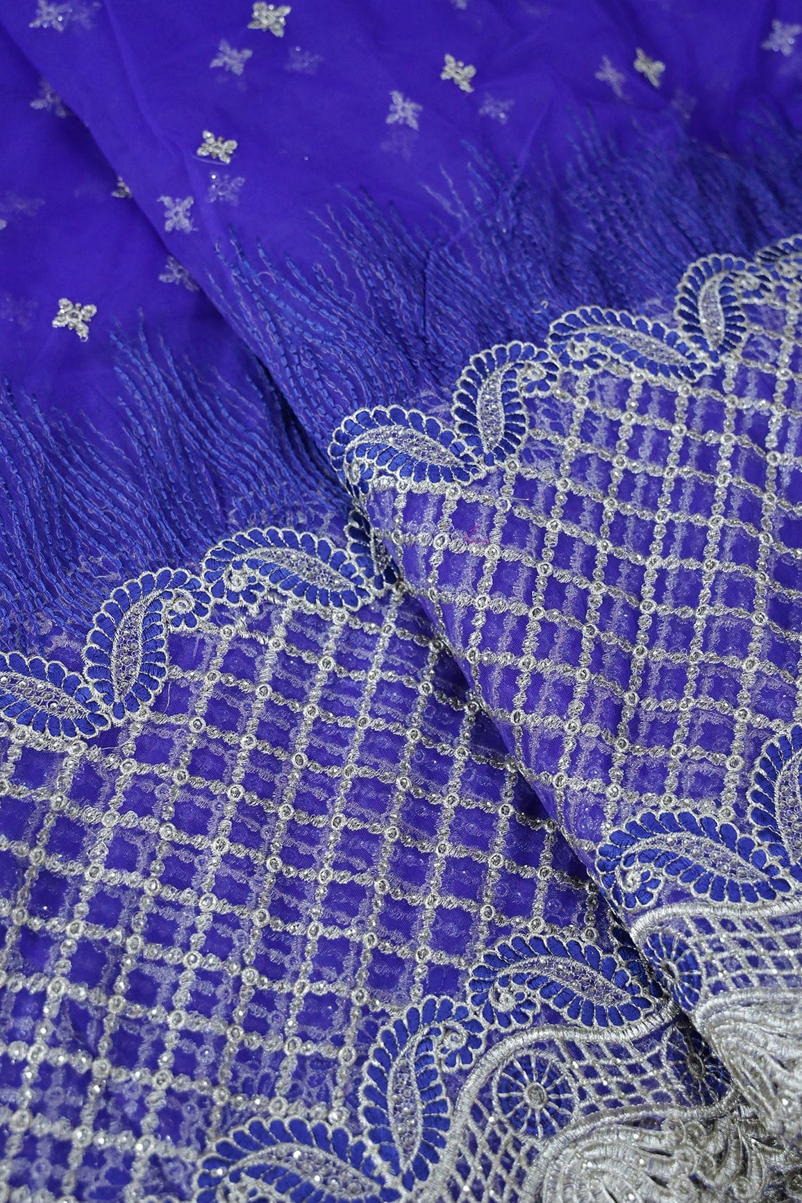 Big Width''56'' Blue Thread With Zari Checks Embroidery Work On Royal Blue Soft Net Fabric With Border - doeraa