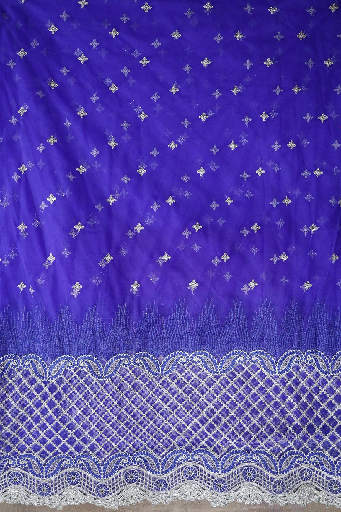 Big Width''56'' Blue Thread With Zari Checks Embroidery Work On Royal Blue Soft Net Fabric With Border - doeraa