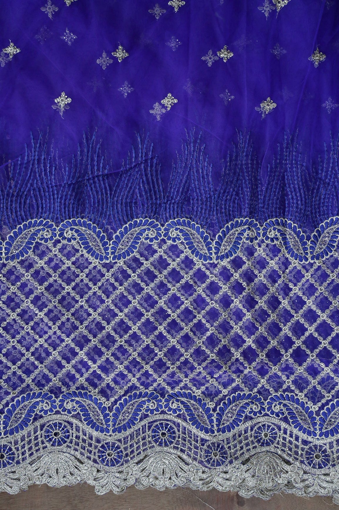 Big Width''56'' Blue Thread With Zari Checks Embroidery Work On Royal Blue Soft Net Fabric With Border - doeraa