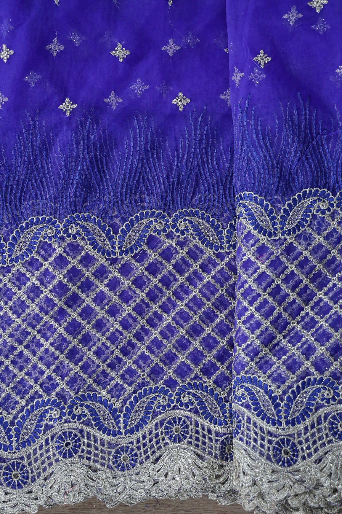 Big Width''56'' Blue Thread With Zari Checks Embroidery Work On Royal Blue Soft Net Fabric With Border - doeraa