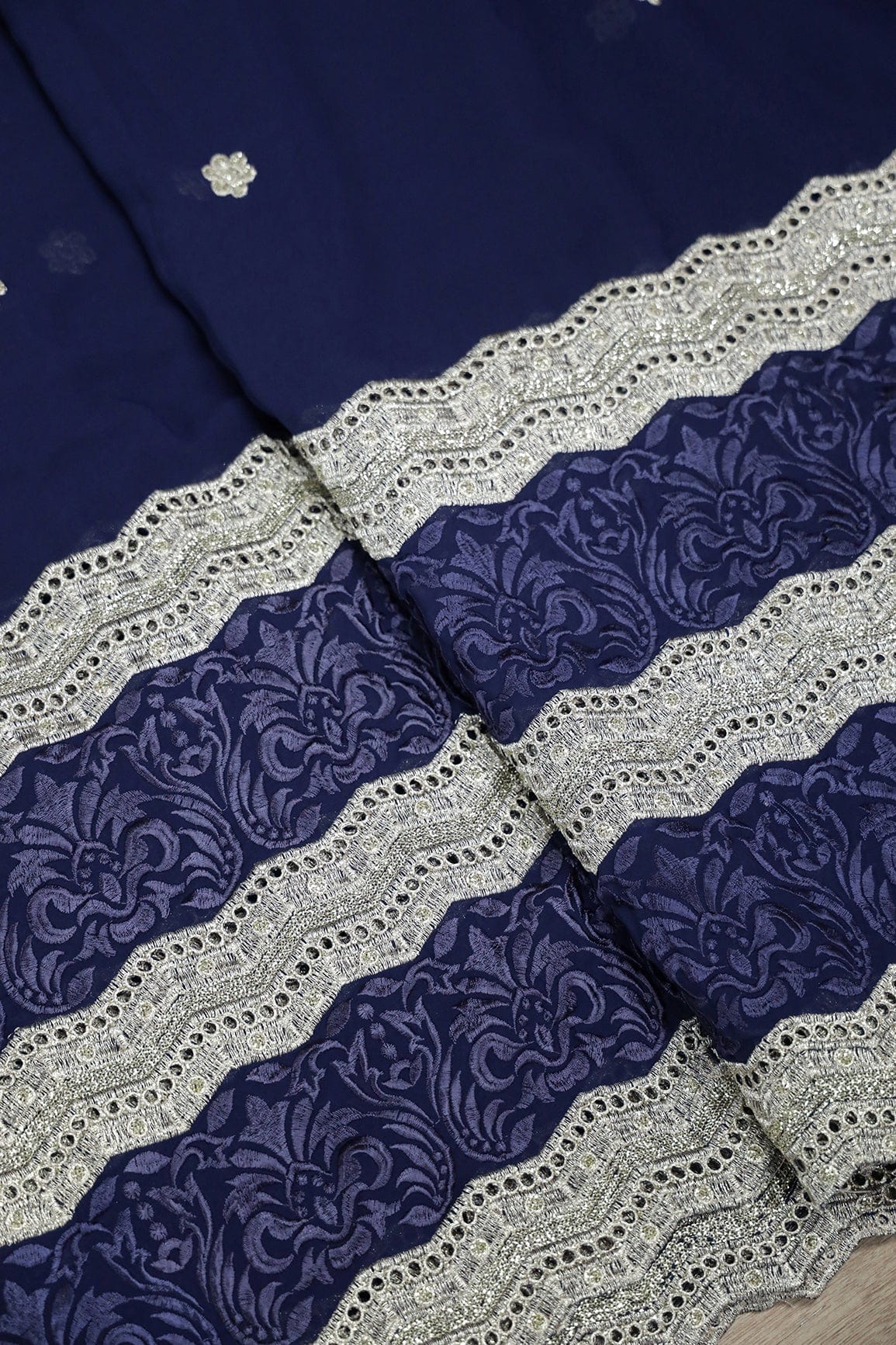 Big Width''56'' Blue Thread With Zari Ethnic Embroidery Work On Navy Blue Georgette Fabric With Border - doeraa