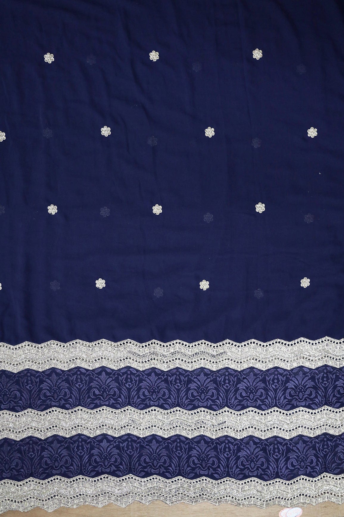 Big Width''56'' Blue Thread With Zari Ethnic Embroidery Work On Navy Blue Georgette Fabric With Border - doeraa