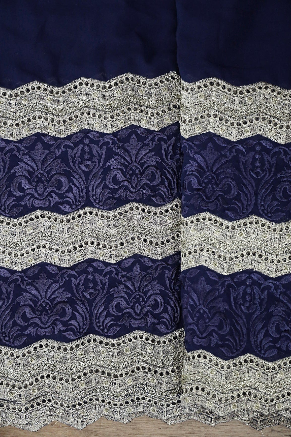 Big Width''56'' Blue Thread With Zari Ethnic Embroidery Work On Navy Blue Georgette Fabric With Border - doeraa