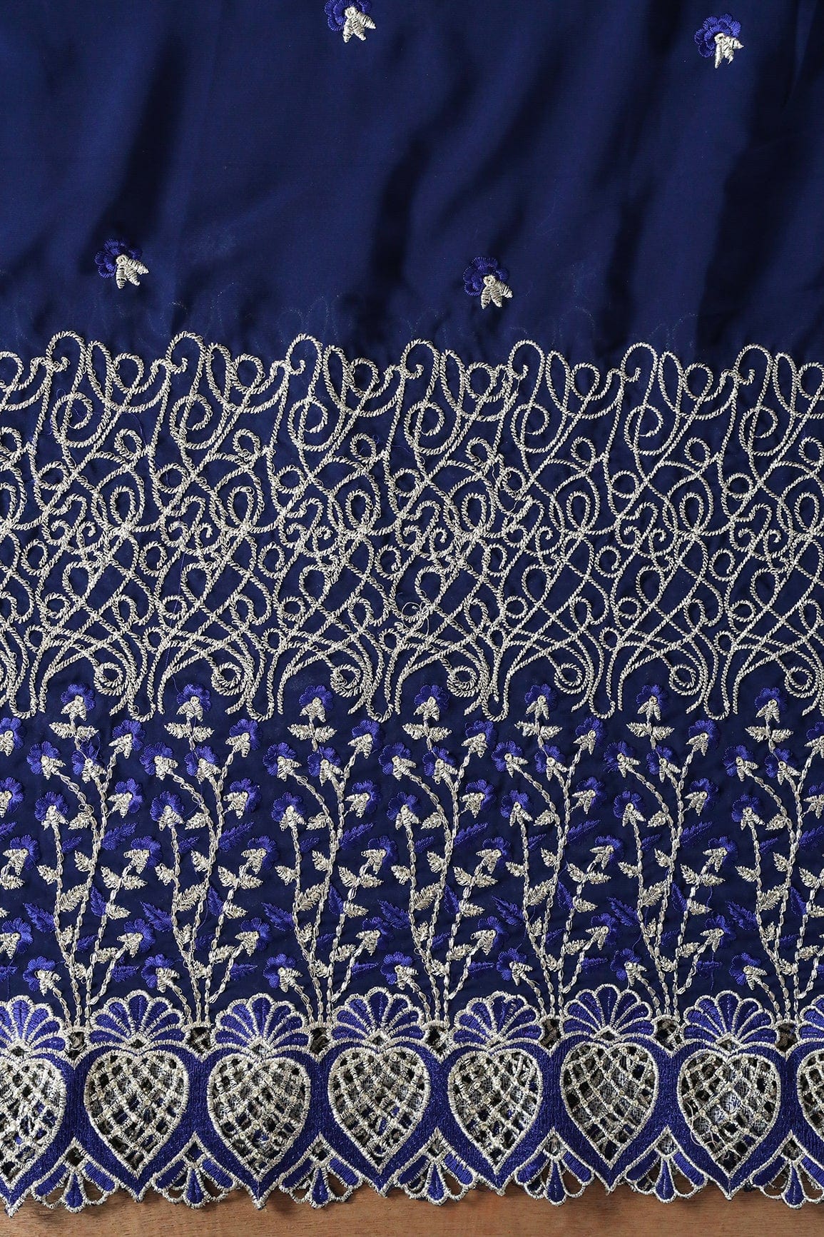 Big Width''56'' Blue Thread With Zari Floral Embroidery Work On Navy Blue Georgette Fabric With Border - doeraa