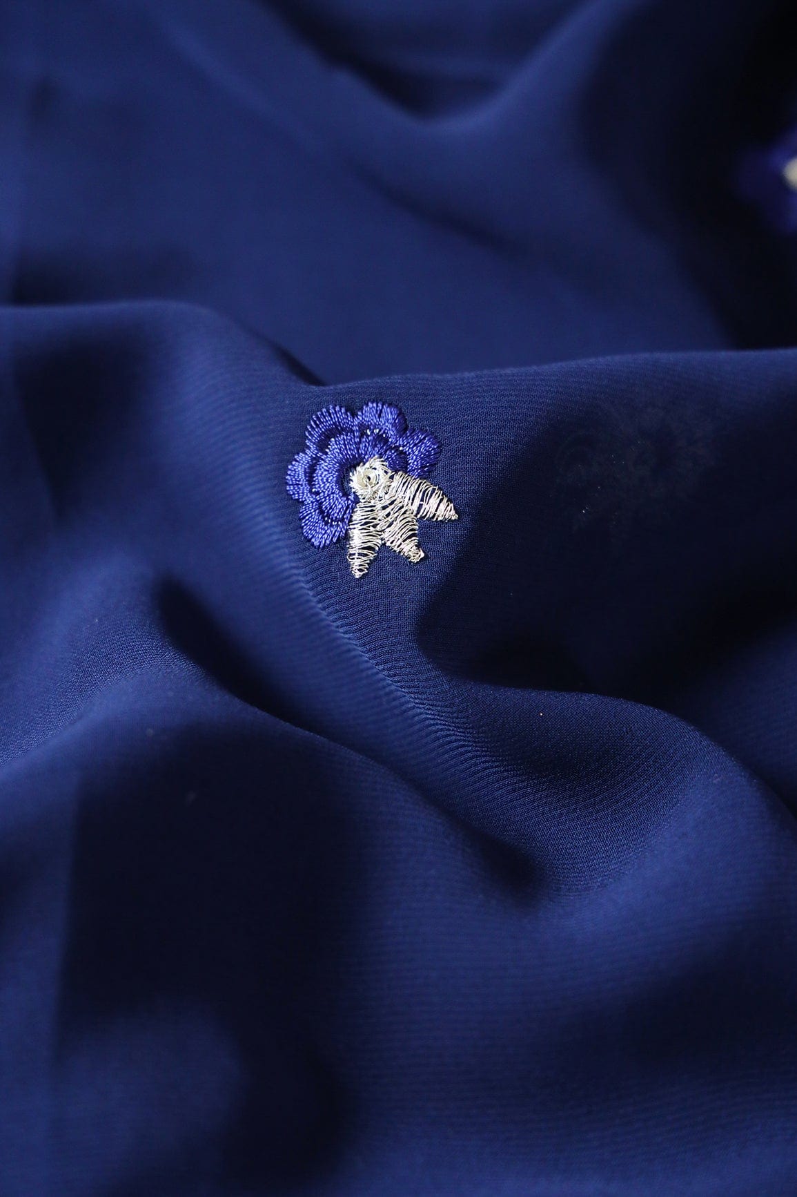 Big Width''56'' Blue Thread With Zari Floral Embroidery Work On Navy Blue Georgette Fabric With Border - doeraa