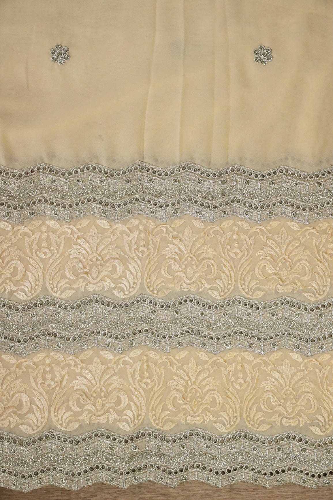Big Width''56'' Cream Thread With Zari Ethnic Embroidery Work On Cream Georgette Fabric With Border - doeraa