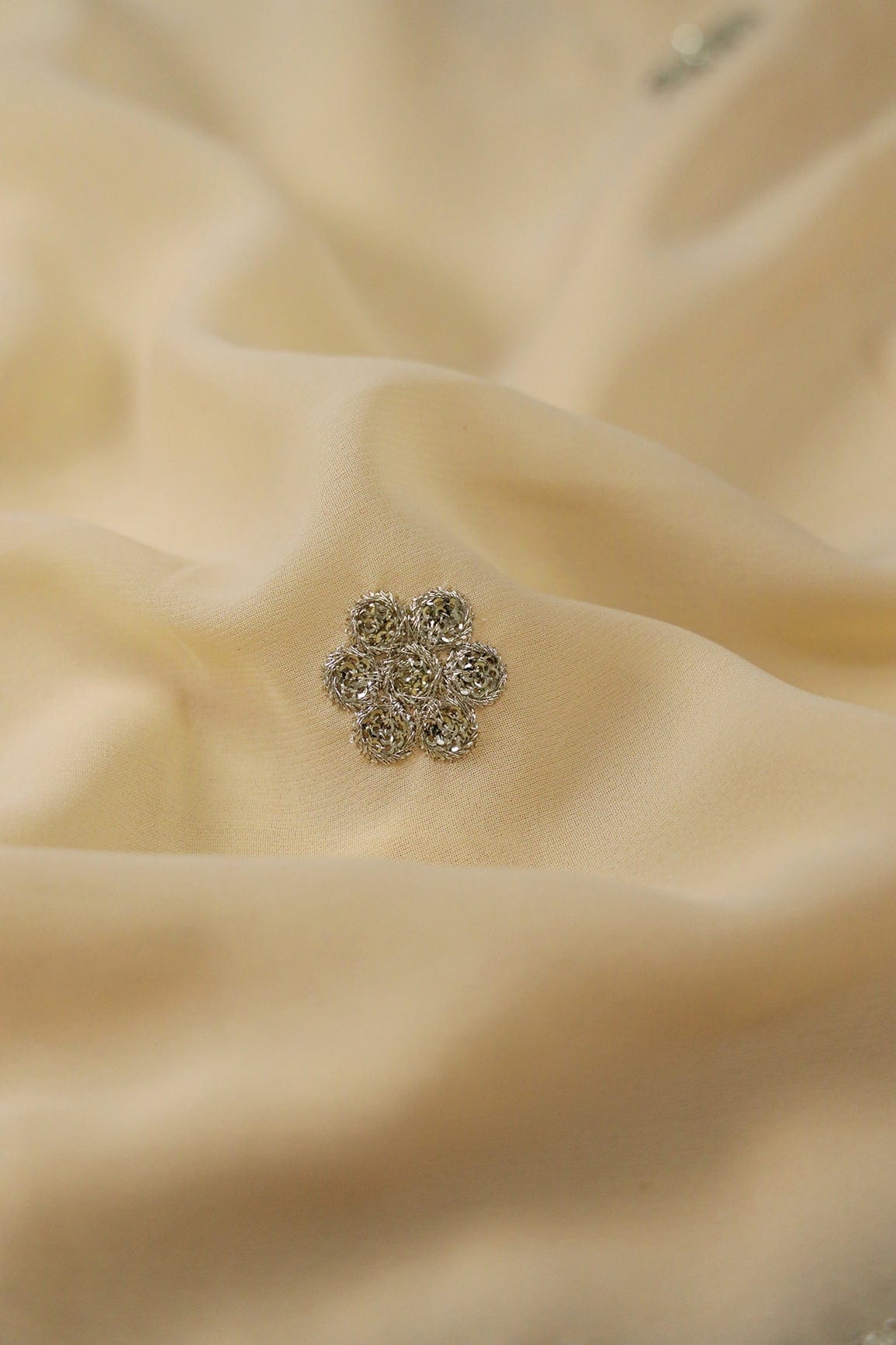 Big Width''56'' Cream Thread With Zari Ethnic Embroidery Work On Cream Georgette Fabric With Border - doeraa