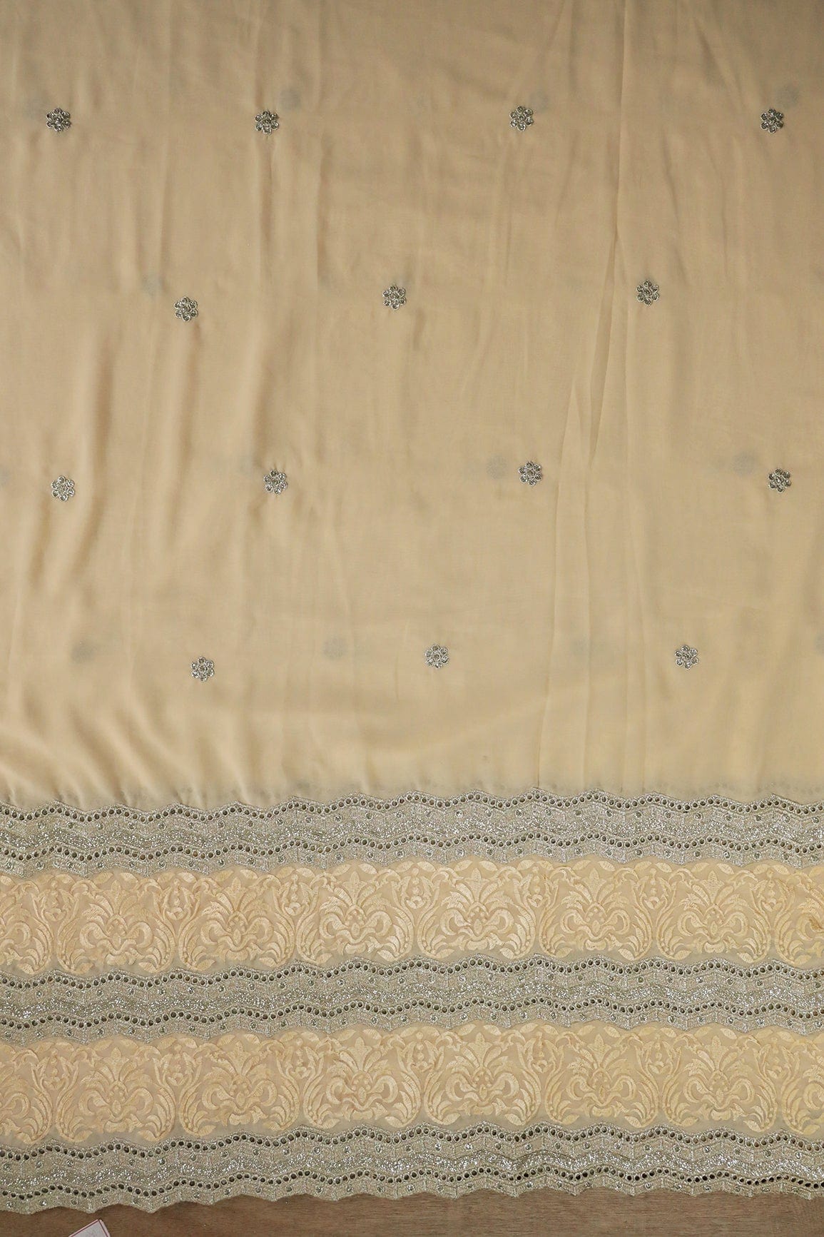 Big Width''56'' Cream Thread With Zari Ethnic Embroidery Work On Cream Georgette Fabric With Border - doeraa