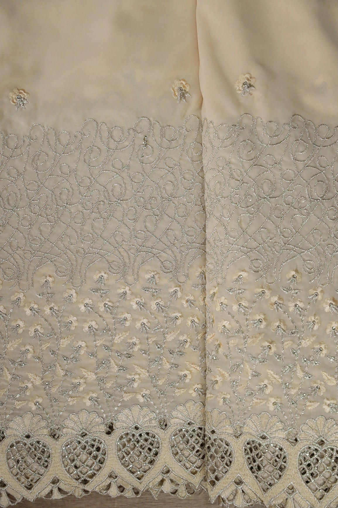 Big Width''56'' Cream Thread With Zari Floral Embroidery Work On Cream Georgette Fabric With Border - doeraa