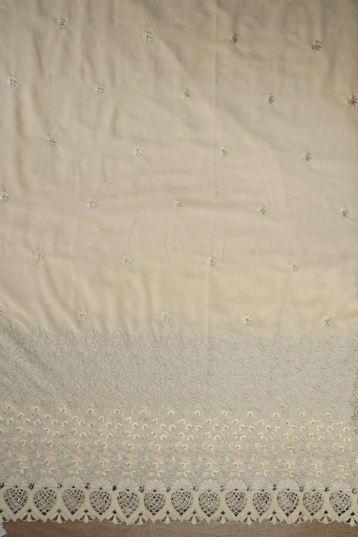 Big Width''56'' Cream Thread With Zari Floral Embroidery Work On Cream Georgette Fabric With Border - doeraa