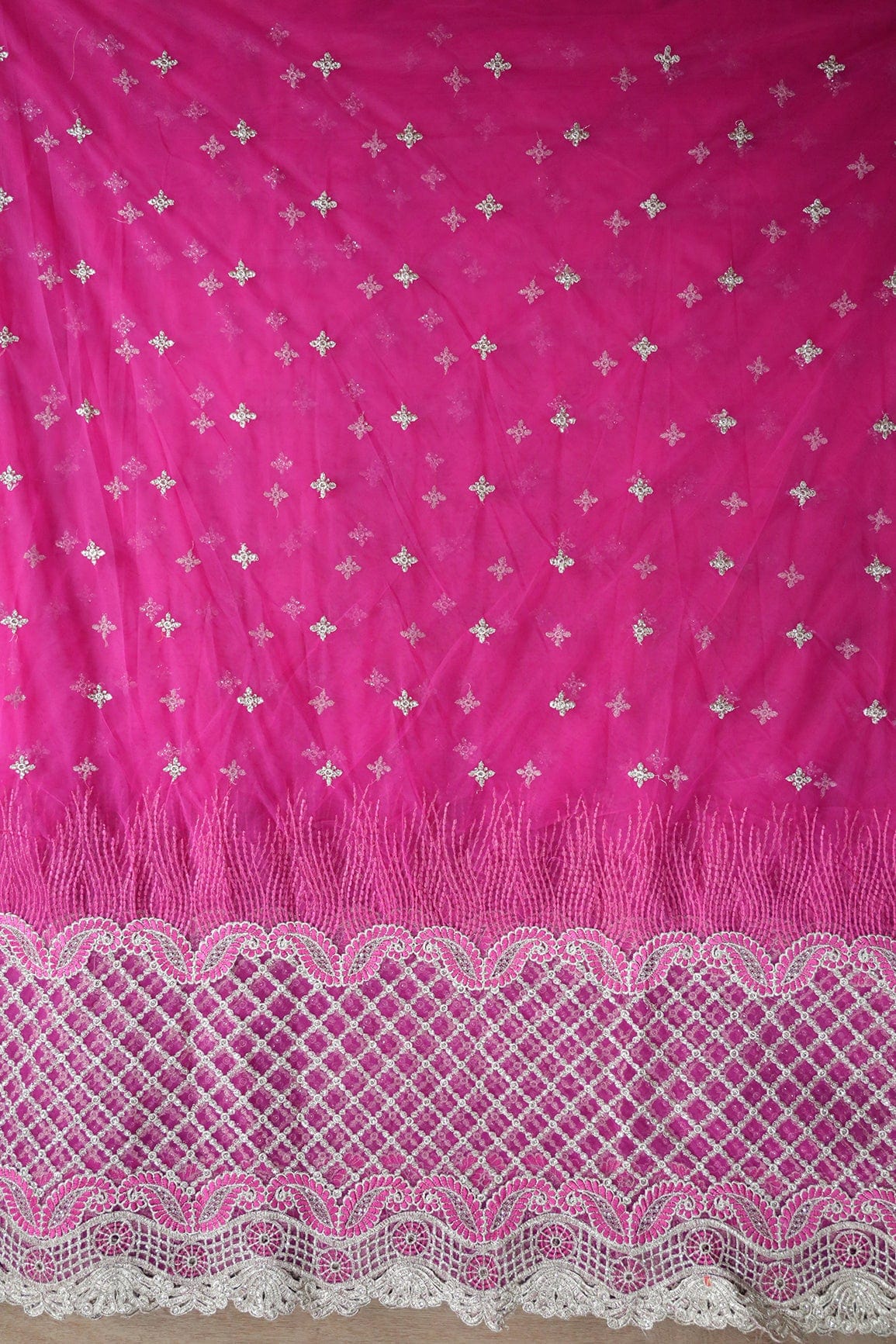 Big Width''56'' Fuchsia Thread With Zari Checks Embroidery Work On Fuchsia Soft Net Fabric With Border - doeraa