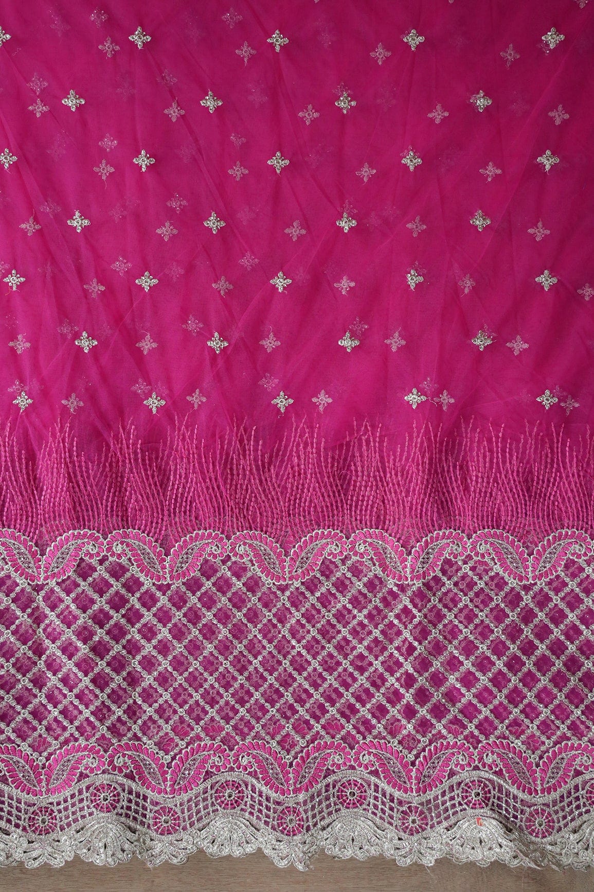 Big Width''56'' Fuchsia Thread With Zari Checks Embroidery Work On Fuchsia Soft Net Fabric With Border - doeraa