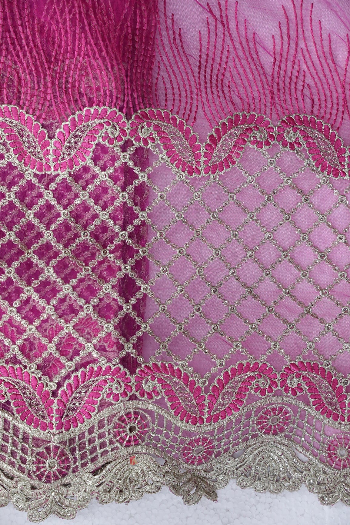 Big Width''56'' Fuchsia Thread With Zari Checks Embroidery Work On Fuchsia Soft Net Fabric With Border - doeraa