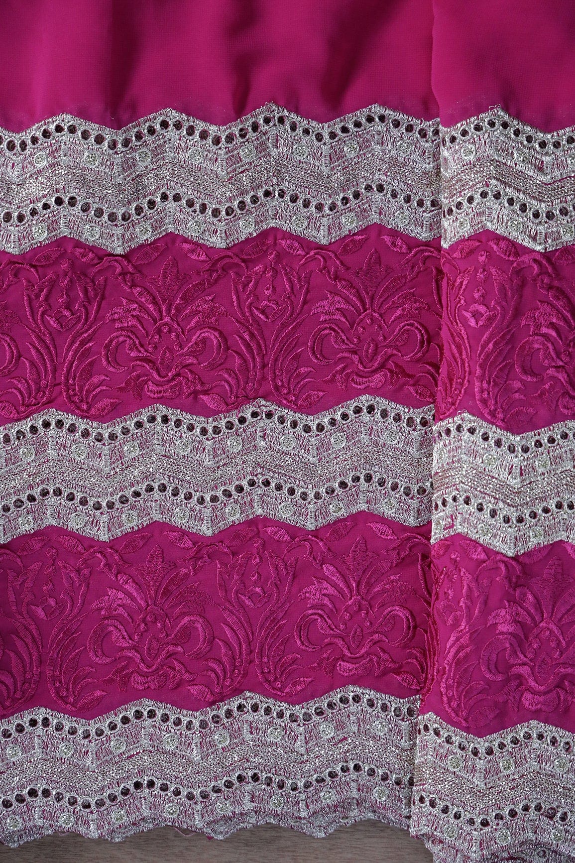 Big Width''56'' Fuchsia Thread With Zari Ethnic Embroidery Work On Fuchsia Georgette Fabric With Border - doeraa