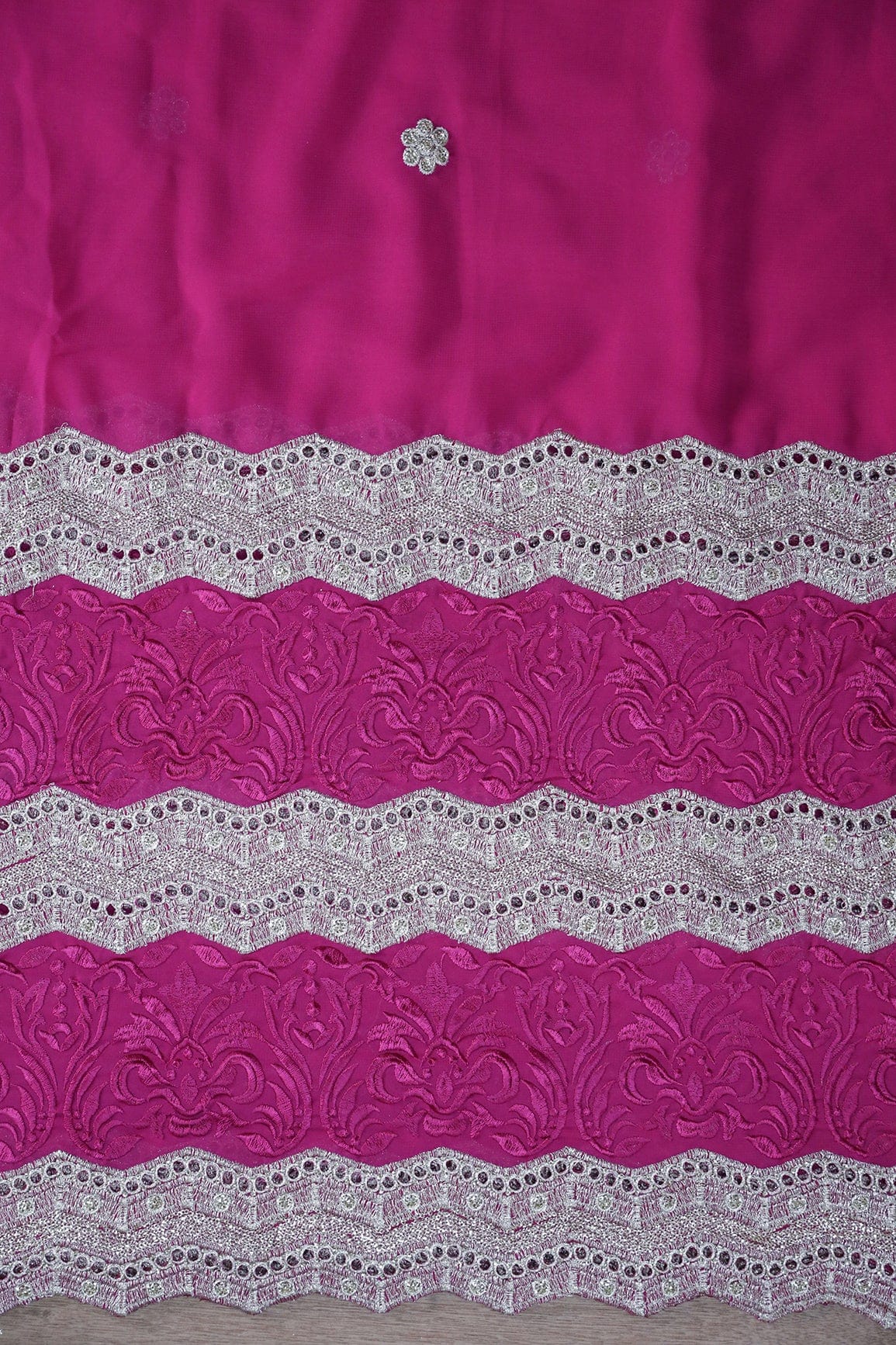 Big Width''56'' Fuchsia Thread With Zari Ethnic Embroidery Work On Fuchsia Georgette Fabric With Border - doeraa