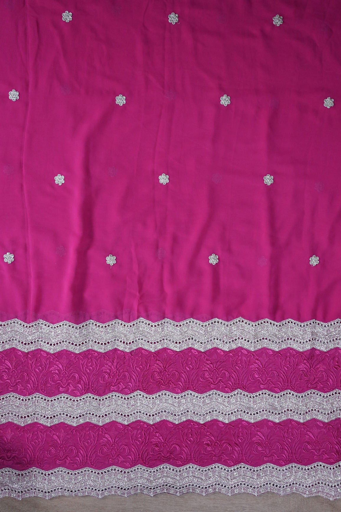 Big Width''56'' Fuchsia Thread With Zari Ethnic Embroidery Work On Fuchsia Georgette Fabric With Border - doeraa