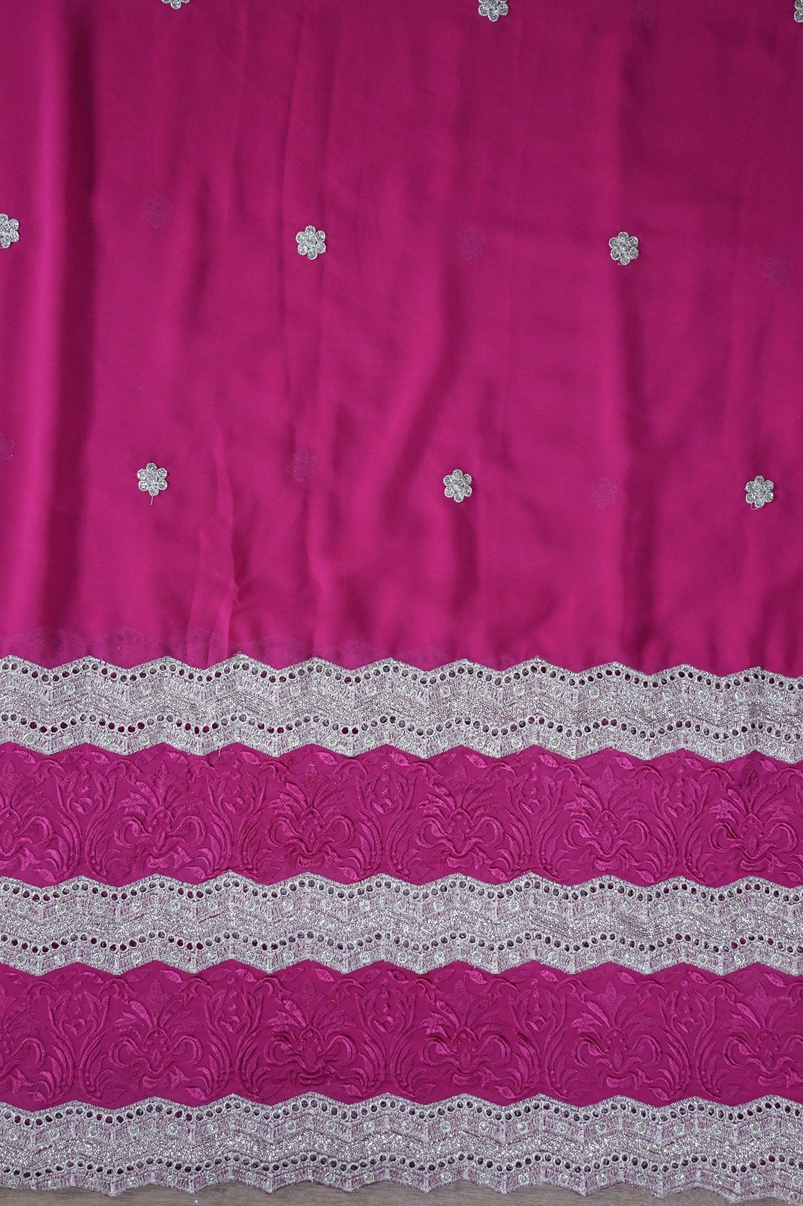 Big Width''56'' Fuchsia Thread With Zari Ethnic Embroidery Work On Fuchsia Georgette Fabric With Border - doeraa