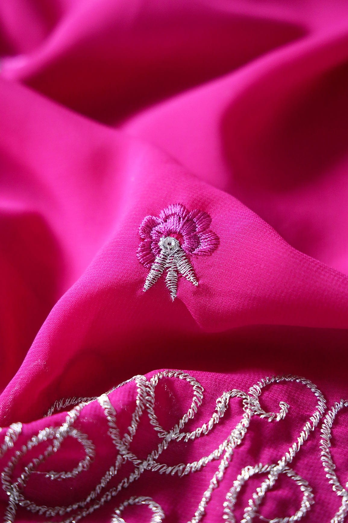 Big Width''56'' Fuchsia Thread With Zari Floral Embroidery Work On Fuchsia Georgette Fabric With Border - doeraa