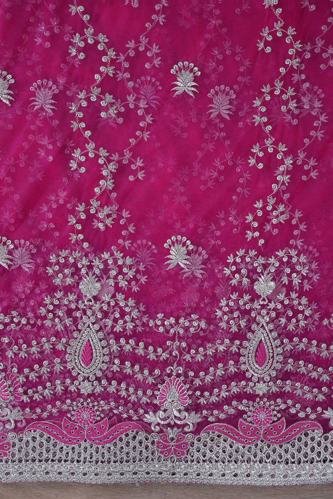 Big Width''56'' Fuchsia Thread With Zari Leafy Embroidery Work On Fuchsia Soft Net Fabric With Border - doeraa