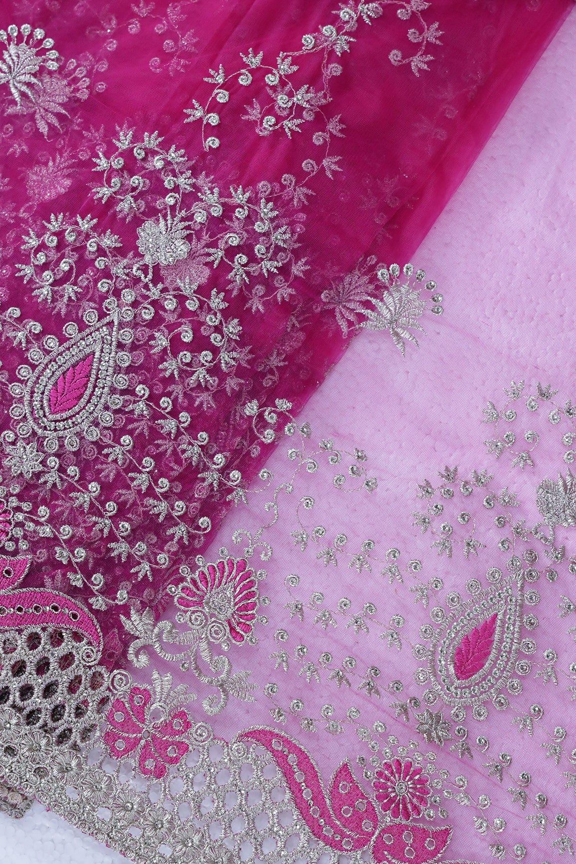 Big Width''56'' Fuchsia Thread With Zari Leafy Embroidery Work On Fuchsia Soft Net Fabric With Border - doeraa