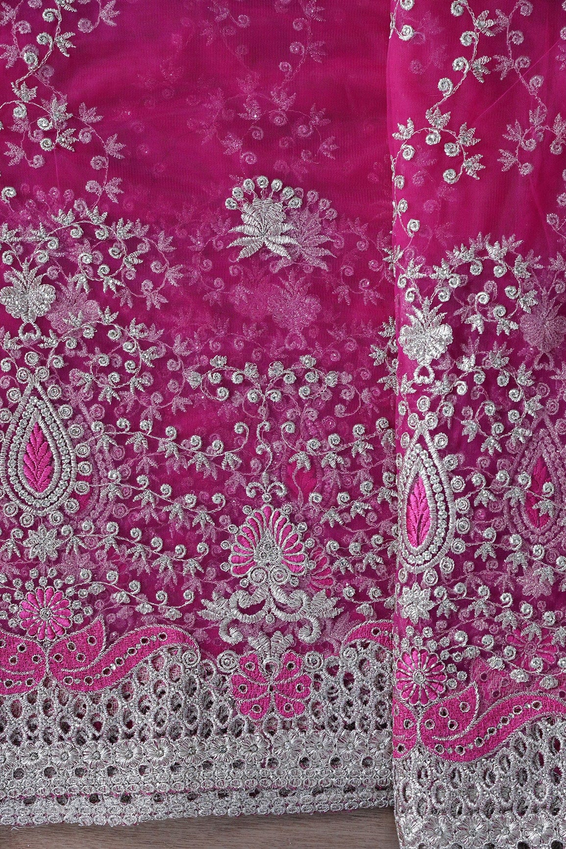 Big Width''56'' Fuchsia Thread With Zari Leafy Embroidery Work On Fuchsia Soft Net Fabric With Border - doeraa