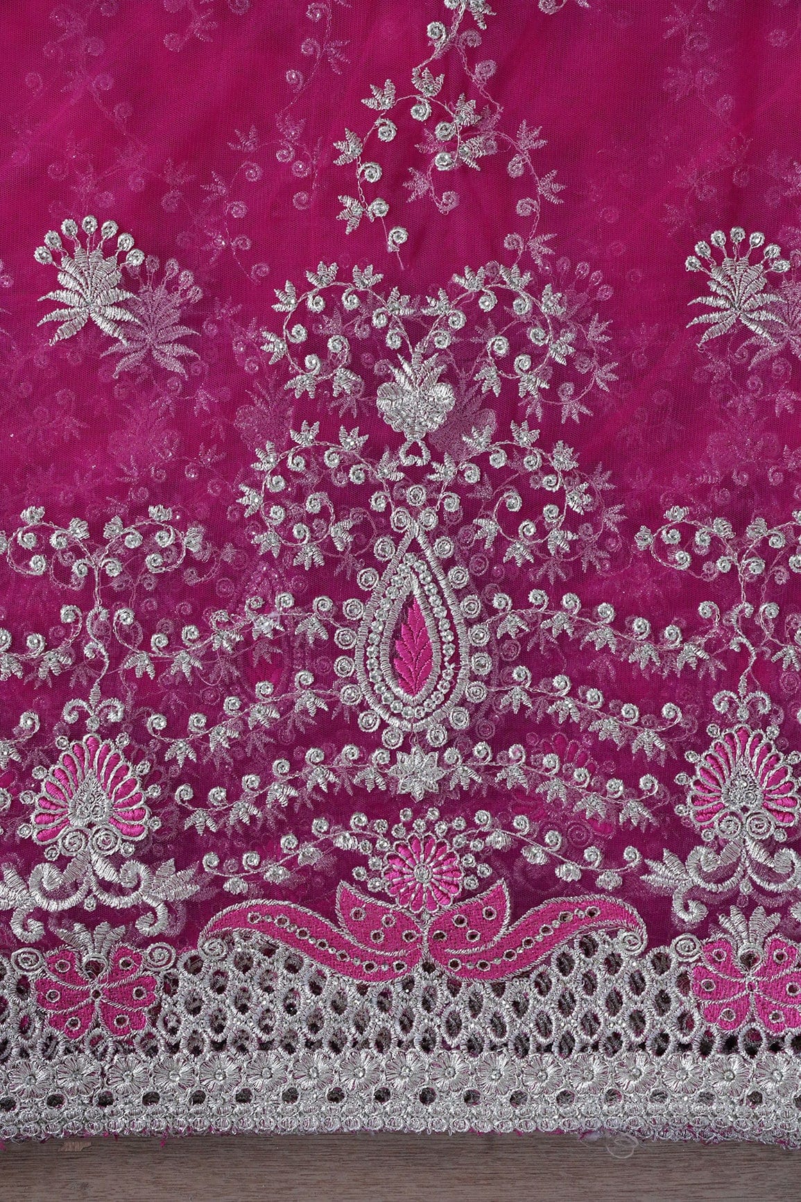 Big Width''56'' Fuchsia Thread With Zari Leafy Embroidery Work On Fuchsia Soft Net Fabric With Border - doeraa