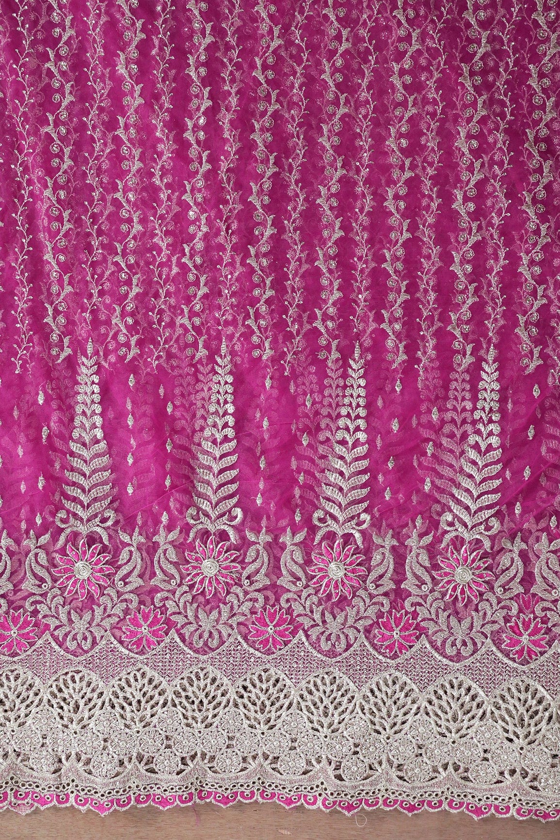 Big Width''56'' Fuchsia Thread With Zari Traditional Embroidery Work On Fuchsia Soft Net Fabric With Border - doeraa