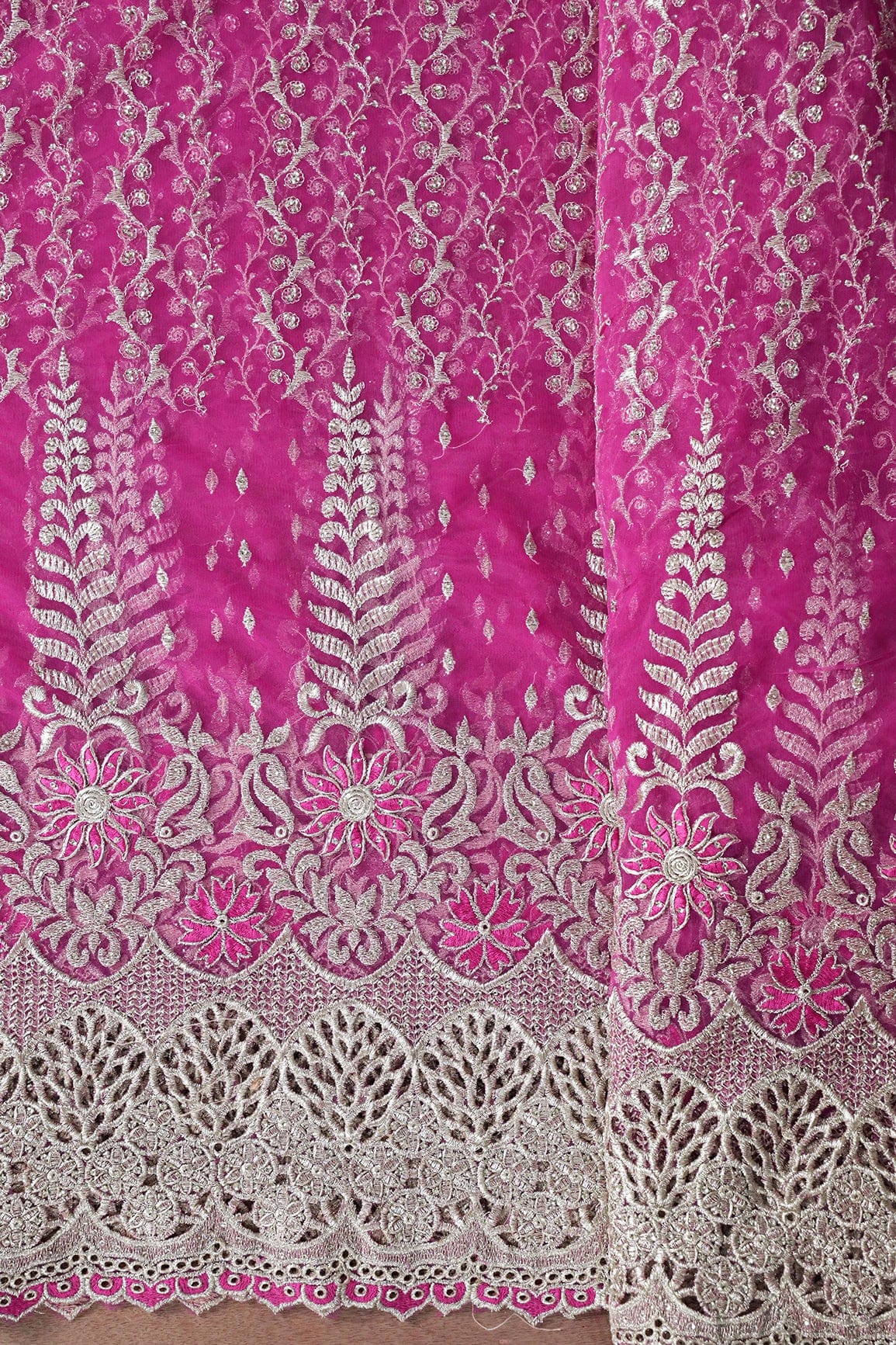 Big Width''56'' Fuchsia Thread With Zari Traditional Embroidery Work On Fuchsia Soft Net Fabric With Border - doeraa